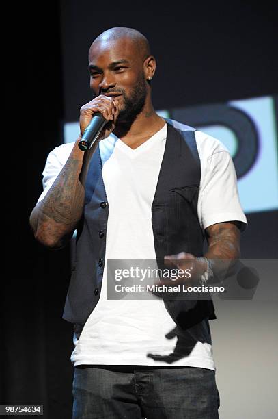 Model Tyson Beckford speaks during the Tribeca Teaches Premiere during the 2010 Tribeca Film Festival at the Tribeca Performing Arts Center on April...