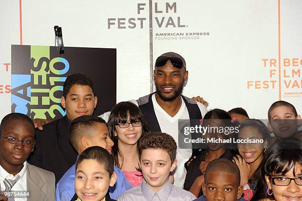 Model Tyson Beckford and Film in Motion Students attend the Tribeca Teaches Premiere during the 2010 Tribeca Film Festival at the Tribeca Performing...