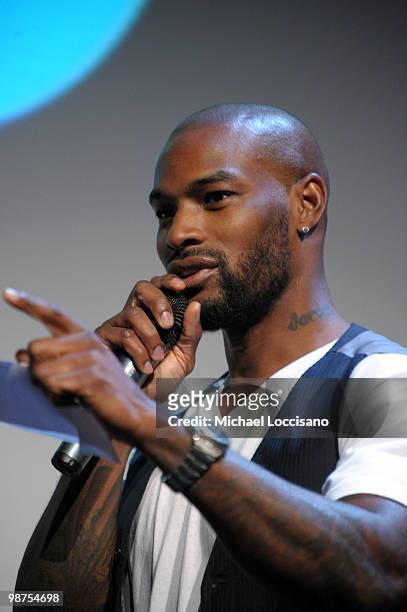 Model Tyson Beckford speaks during the Tribeca Teaches Premiere during the 2010 Tribeca Film Festival at the Tribeca Performing Arts Center on April...