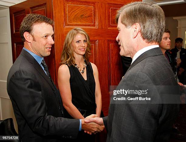 Driver Matt Kenseth and his wife Katie are greeted by Virginia Governor Bob McDonnell at the Governor's Mansion on April 29, 2010 in Richmond,...