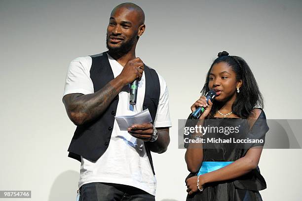 Model Tyson Beckford speaks with a Film in motion student during the Tribeca Teaches Premiere during the 2010 Tribeca Film Festival at the Tribeca...