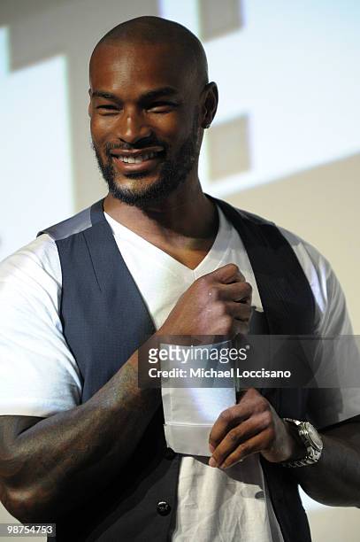 Model Tyson Beckford speaks during the Tribeca Teaches Premiere during the 2010 Tribeca Film Festival at the Tribeca Performing Arts Center on April...