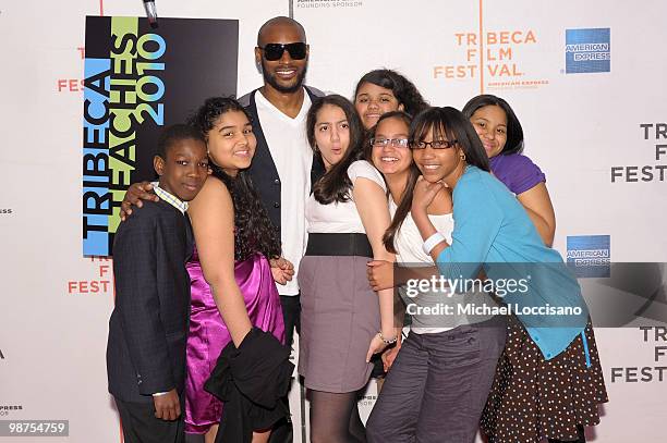 Model Tyson Beckford and Film in Motion Students attend the Tribeca Teaches Premiere during the 2010 Tribeca Film Festival at the Tribeca Performing...