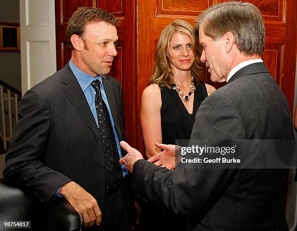 Driver Matt Kenseth and his wife Katie are greeted by Virginia Governor Bob McDonnell at the Governor's Mansion on April 29, 2010 in Richmond,...