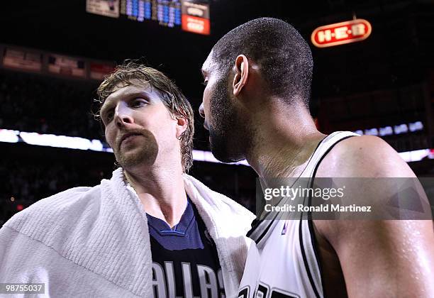 Forward Tim Duncan of the San Antonio Spurs greets Dirk Nowitzki of the Dallas Mavericks after a 97-87 win in Game Six of the Western Conference...
