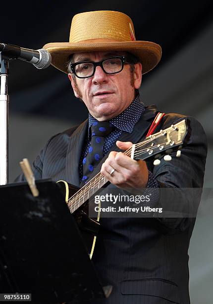 Singer / Musician Elvis Costello of Elvis Costello and the Sugarcanes performs during day 4 of the 41st Annual New Orleans Jazz & Heritage Festival...