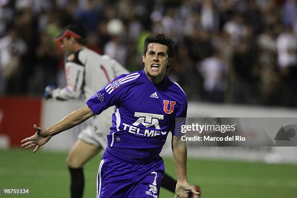 Diego Rivarola of Universidad de Chile celebrates a scored goal against Alianza Lima during a match as part of the Libertadores Cup at Alejandro...