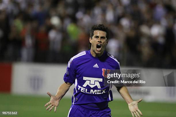 Diego Rivarola of Universidad de Chile celebrates a scored goal against Alianza Lima during a match as part of the Libertadores Cup at Alejandro...