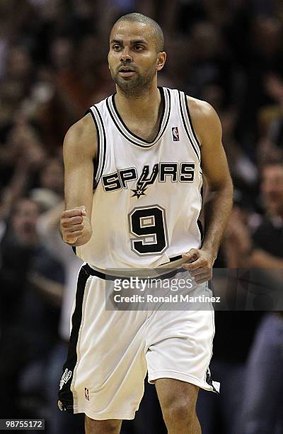 Guard Tony Parker of the San Antonio Spurs reacts during a 97-87 win against the Dallas Mavericks in Game Six of the Western Conference Quarterfinals...