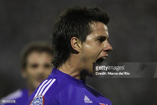Diego Rivarola of Universidad de Chile celebrates a scored goal against Alianza Lima during a match as part of the Libertadores Cup at Alejandro...