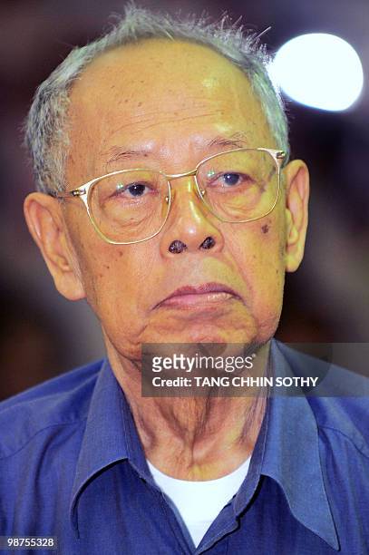 Former Khmer Rouge deputy prime minister and minister of foreign affairs Ieng Sary is seen in the courtroom during a public hearing at the...