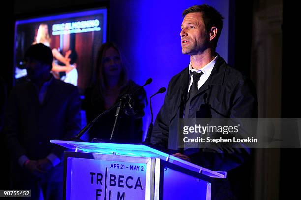 Actor Aaron Eckhart speaks onstage at the Awards Night Show & Party during the 2010 Tribeca Film Festival at the W New York - Union Square on April...
