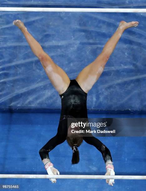 Holly Moon of New Zealand competes in the uneven bars during day two of the 2010 Pacific Rim Championships at Hisense Arena on April 30, 2010 in...