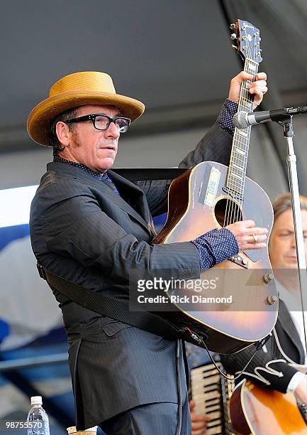 Recording Artist Elvis Costello performs at the 2010 New Orleans Jazz & Heritage Festival Presented By Shell - Day 4 at the Fair Grounds Race Course...
