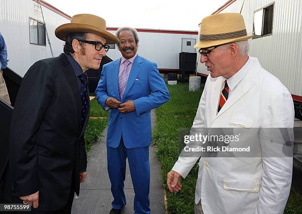 Recording Artists Elvis Costello, Allen Toussaint and Steve Martin backstage at the 2010 New Orleans Jazz & Heritage Festival Presented By Shell -...