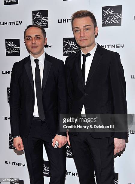 Designer Tommaso Aquilano and designer Roberto Rimondi attend Saks & The Whitney Museum of American Art's coctails for emerging designers at Saks...