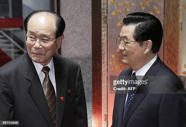 Kim Yong Nam , president of the Presidium of the Supreme People's Assembly of North Korea is welcomed by Chinese President Hu Jintao in Shanghai on...