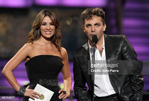 Actress Catherine Siachoque and singer Cristian Castro speak onstage at the 2010 Billboard Latin Music Awards at Coliseo de Puerto Rico José Miguel...