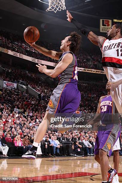 Steve Nash of the Portland Trail Blazers goes up for a shot past LaMarcus Aldridge of the Phoenix Suns in Game Six of the Western Conference...