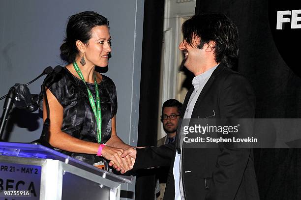 Actress Maggie Kiley and filmmaker Scandar Copti onstage at the Awards Night Show & Party during the 2010 Tribeca Film Festival at the W New York -...