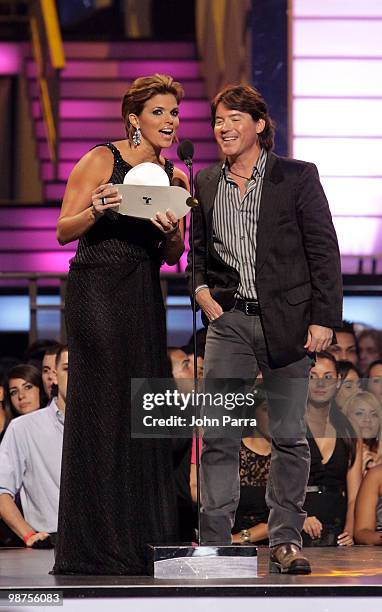 Personality Rashel Diaz and musician Arthur Hanlon speak onstage at the 2010 Billboard Latin Music Awards at Coliseo de Puerto Rico José Miguel...