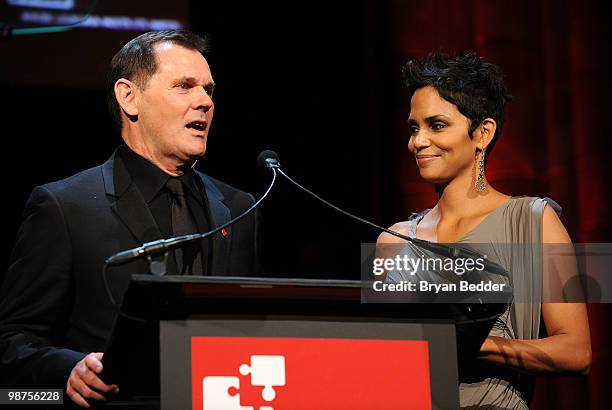 Of Coty Inc. Bernd Beetz and actress Halle Berry onstage at the DKMS' 4th Annual Gala: Linked Against Leukemia at Cipriani 42nd Street on April 29,...