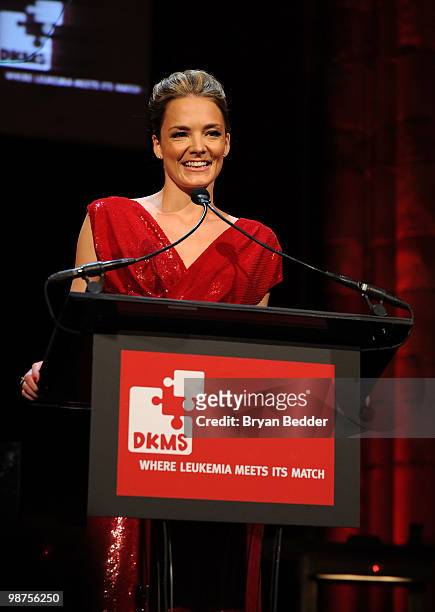 Of DKMS Americas Katharina Harf speaks onstage at the DKMS' 4th Annual Gala: Linked Against Leukemia at Cipriani 42nd Street on April 29, 2010 in New...