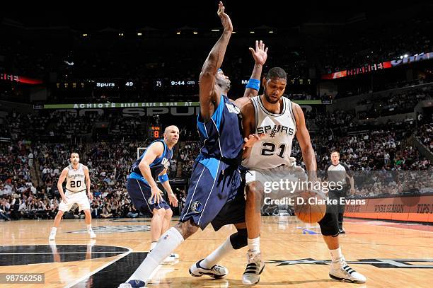 Tim Duncan of the San Antonio Spurs pushes towards the basket against Erick Dampier of the Dallas Mavericks in Game Six of the Western Conference...