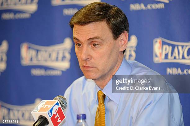 Rick Carlisle, Head Coach of the Dallas Mavericks talks during a Press Conference held after the game against the San Antonio Spurs in Game Six of...