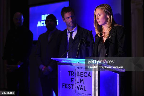 Actress Hope Davis speaks onstage at the Awards Night Show & Party during the 2010 Tribeca Film Festival at the W New York - Union Square on April...