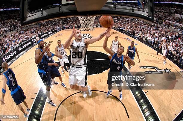 Manu Ginobili of the San Antonio Spurs shoots against the Dallas Mavericks in Game Six of the Western Conference Quarterfinals during the 2010 NBA...