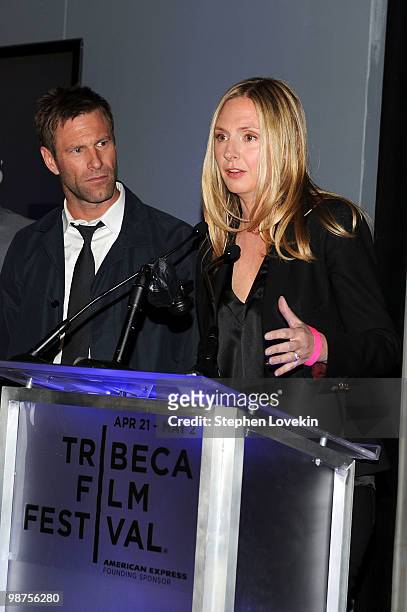 Actor Aaron Eckhart and actress Hope Davis speak onstage at the Awards Night Show & Party during the 2010 Tribeca Film Festival at the W New York -...
