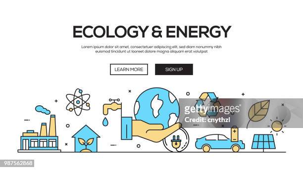 stockillustraties, clipart, cartoons en iconen met ecologie en ontwerp van de banner van het web van het platte lijn van energie - web banner template