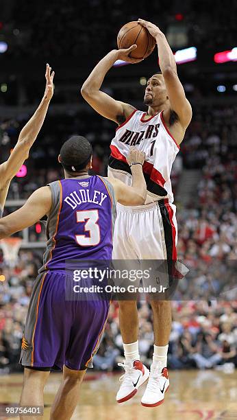 Brandon Roy of the Portland Trail Blazers shoots against Jared Dudley of the Phoenix Suns during Game Six of the Western Conference Quarterfinals of...