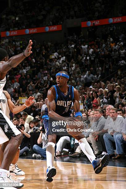 Jason Terry of the Dallas Mavericks attempts to stop while driving against the San Antonio Spurs in Game Six of the Western Conference Quarterfinals...