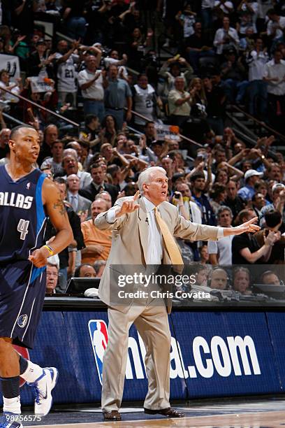 Head coach Gregg Popovich of the San Antonio Spurs directs his team against the Dallas Mavericks in Game Six of the Western Conference Quarterfinals...