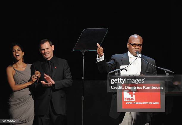 Halle Berry, CEO of Coty Inc. Bernd Beetz and Antonio L.A. Reid speak at the DKMS' 4th Annual Gala: Linked Against Leukemia at Cipriani 42nd Street...