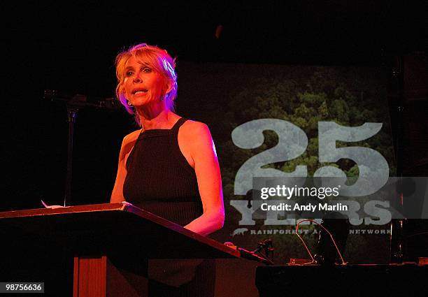 Trudie Styler addresses the guests during the 25th anniversary party for Rainforest Action Network at Le Poisson Rouge on April 29, 2010 in New York...