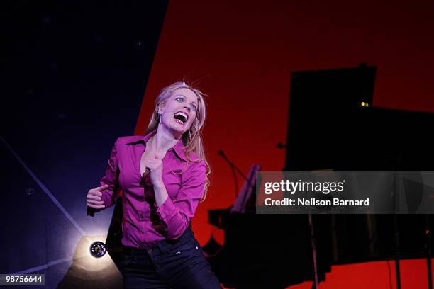 Actress Sherie Rene Scott takes a bow during curtain call on the Broadway opening of "Everyday Rapture" at the American Airlines Theatre on April 29,...