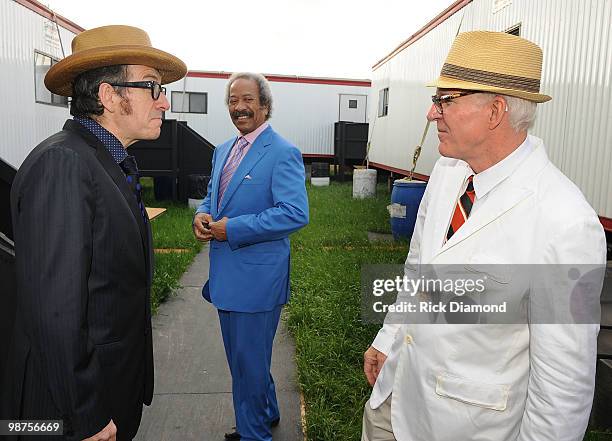 Recording Artists Elvis Costello, Allen Toussaint and Steve Martin backstage at the 2010 New Orleans Jazz & Heritage Festival Presented By Shell -...