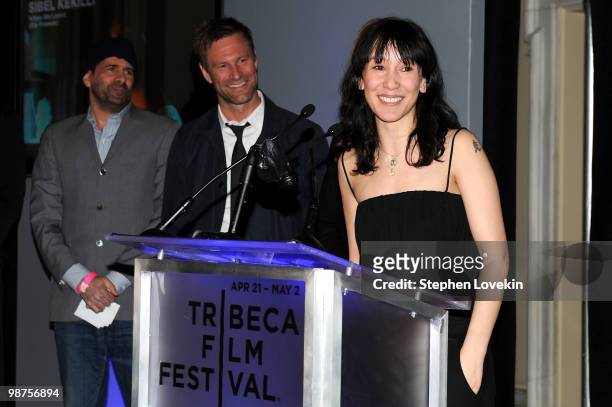 John Hamburg, Aaron Eckhart and Sibel Kekilli attend the Awards Night Show & Party during the 2010 Tribeca Film Festival at the W New York - Union...