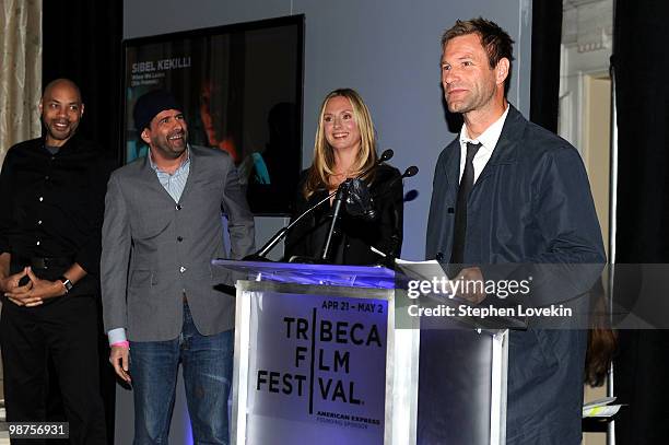 John Ridley, John Hamburg, Hope David and Aaron Eckhart attend the Awards Night Show & Party during the 2010 Tribeca Film Festival at the W New York...