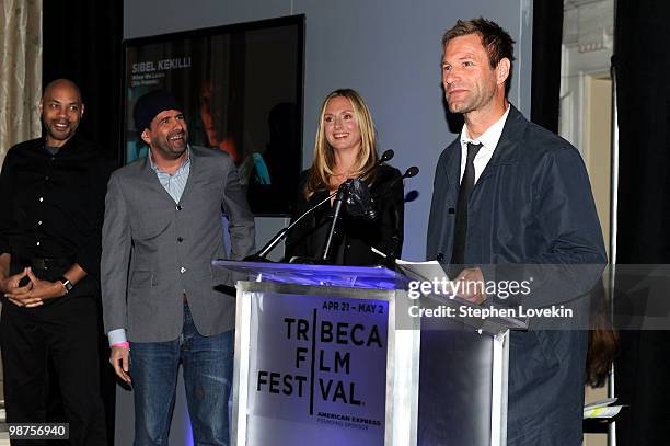 John Ridley, John Hamburg, Hope David and Aaron Eckhart attend the Awards Night Show & Party during the 2010 Tribeca Film Festival at the W New York...