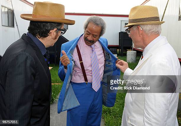 Recording Artists Elvis Costello, Allen Toussaint and Steve Martin backstage at the 2010 New Orleans Jazz & Heritage Festival Presented By Shell -...