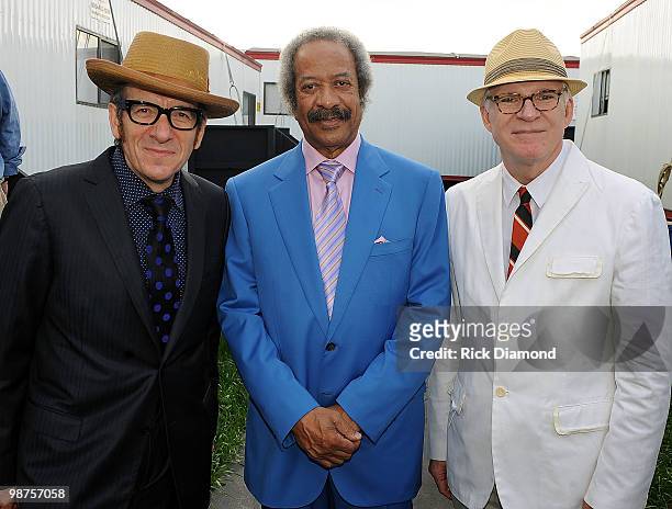Recording Artists Elvis Costello, Allen Toussaint and Steve Martin backstage at the 2010 New Orleans Jazz & Heritage Festival Presented By Shell -...