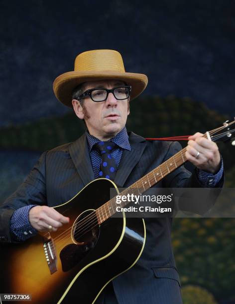 Musician Elvis Costello performs at the Fair Grounds Race Course on April 29, 2010 in New Orleans, Louisiana.