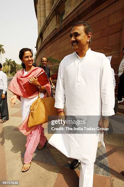 Union Civil Aviation Minister Praful Patel and Supriya Sule at parliament in New Delhi on Thursday, April 29, 2010.