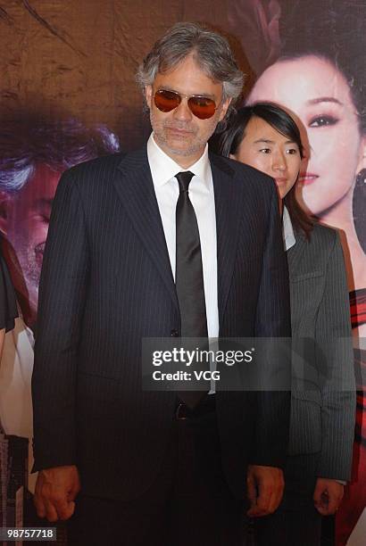 Italian well-known tenor Andrea Bocelli attends Chinese singer Song Zuying's concert which will hold in May 1 at Shanghai Stadium, on April 29, 2010...