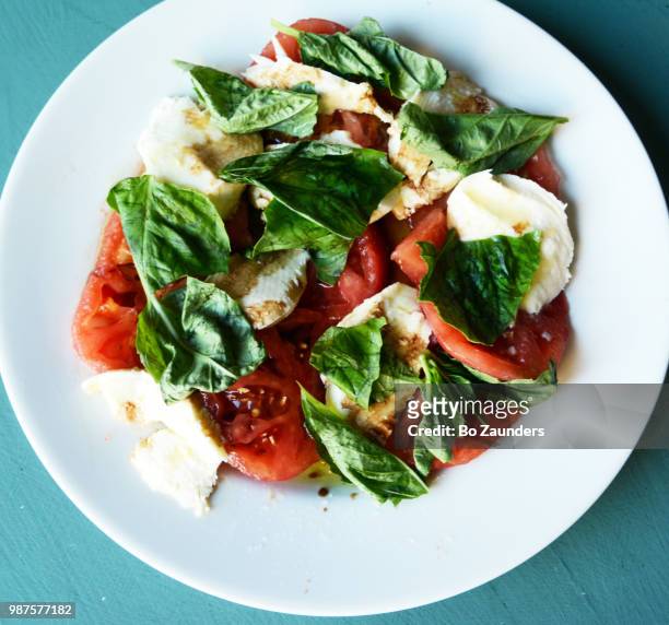 homemade insalata caprese, on a white  plate. - insalata stock pictures, royalty-free photos & images