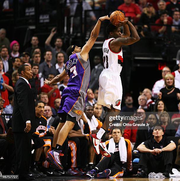 Jared Dudley of the Phoenix Suns fouls Martell Webster of the Portland Trail Blazers during Game Six of the Western Conference Quarterfinals of the...